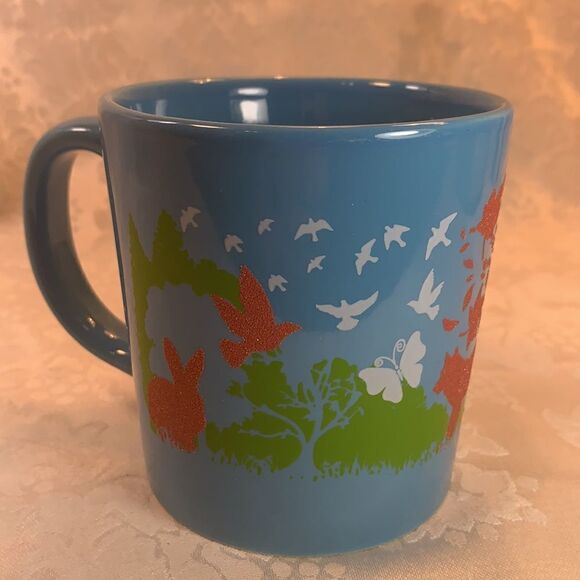 Valley Forge Blue Ceramic Embossed Fox Rabbit Bird Animal Forest Print 16 Ounce - Picture 2 of 5